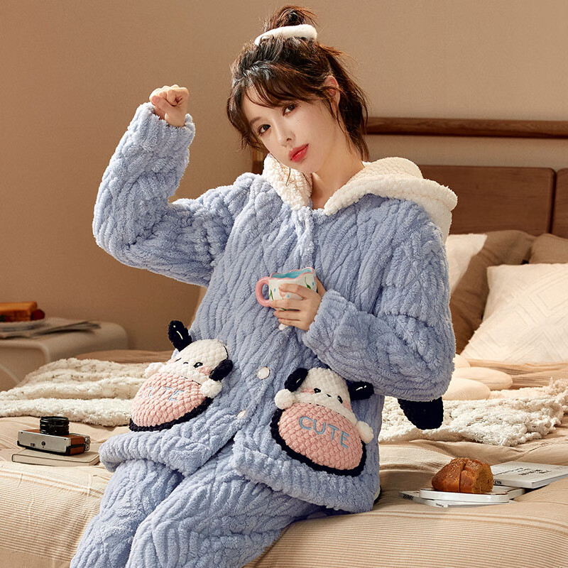 chunnian女士睡衣女冬季保暖珊瑚绒加厚加绒三层夹棉法兰绒带帽家居服套装 XEQN-2385【外套+裤子】 L