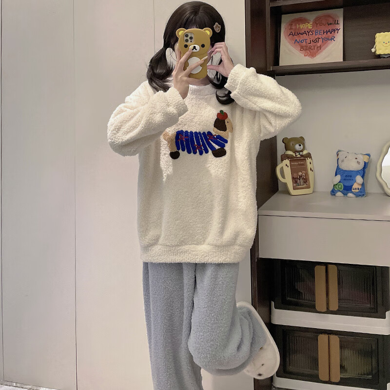 都市丽人睡衣女士秋冬季2025新款加绒加厚家居服可爱半边绒睡衣套装可外穿 线条小狗 2XL （建议140-160斤）