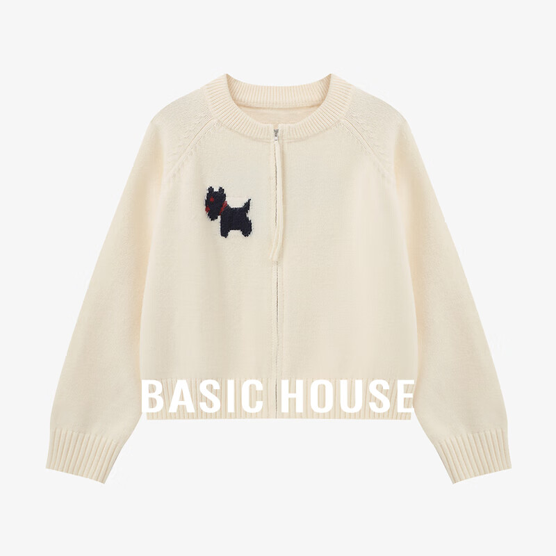 百家好（Basic House）Basic House/百家好小狗提花开衫毛衣女2025秋装新款减龄百搭外套 白色 L