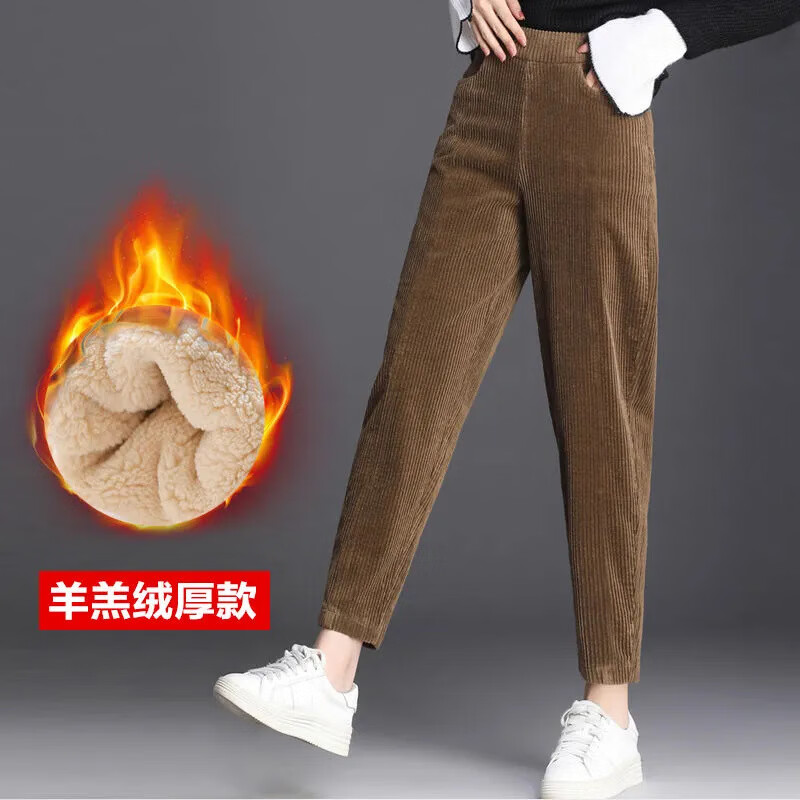 燠阳欧棉绒加绒加厚冬季灯芯绒裤子女高腰中老年裤条休闲直筒裤DM 斜插口袋-灯芯绒-黑色 2XL (建议125-160斤)