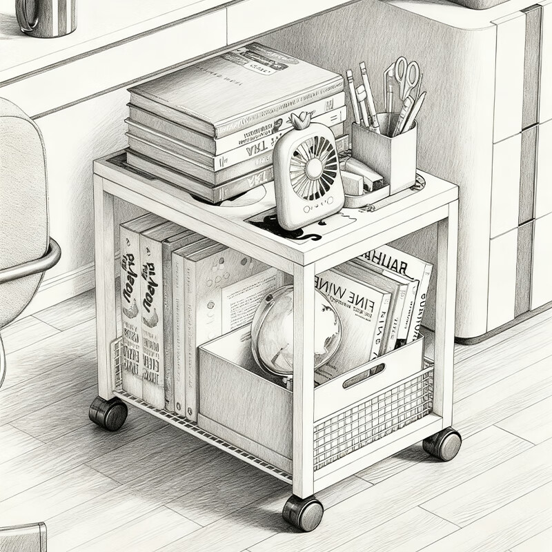 尔思家书架立式落地可移动带轮小推车置物架卧室客厅柜子边柜零食小架子 复古萌猫 俩层白色【移动款】