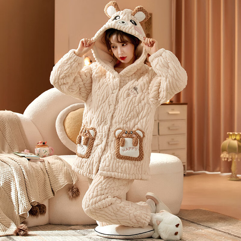 chunnian女士睡衣女冬季保暖珊瑚绒加厚加绒三层夹棉法兰绒带帽家居服套装 XEQN-2381【外套+裤子】 2XL