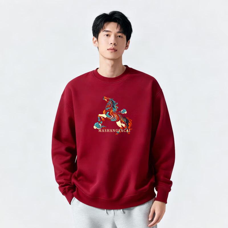 hteec香港潮牌国潮马年本命年卫衣冬季衣服宽松上衣新款加绒加厚男装 酒红色 常规 3XL 【190-220斤】