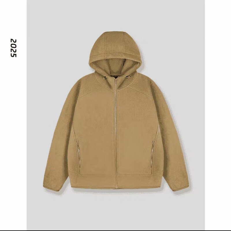 【轻奢正品】2025年新款连帽卫衣双面摇粒绒拉链外套夹克百搭男装 卡其色 2XL (150-170斤)