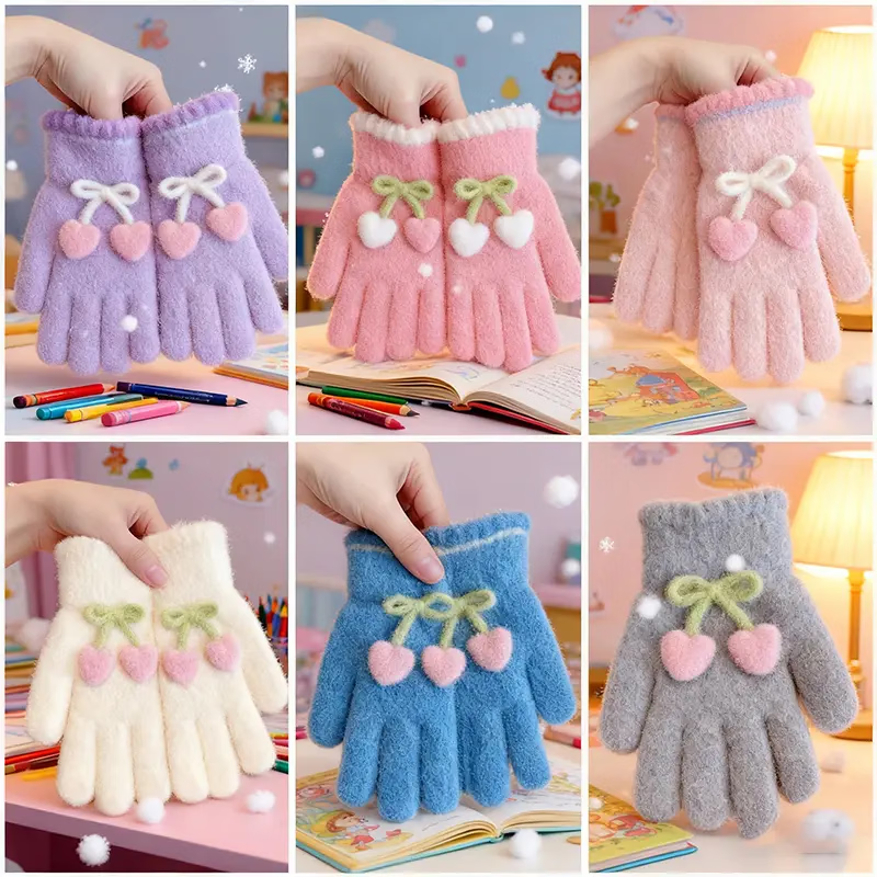 朋意儿童4-10岁冬季樱桃五指分指手套男女童宝宝防寒保暖可爱卡通学生 小樱桃五指-紫色_4-10岁 无规格
