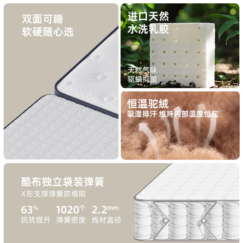 百格慕 BIGEMO卧室家用1.8m独立袋装弹簧床垫恒温驼绒环保护脊黄麻可拆洗可定制 柔软舒适F款三重防塌独立弹簧-24CM 200*200CM