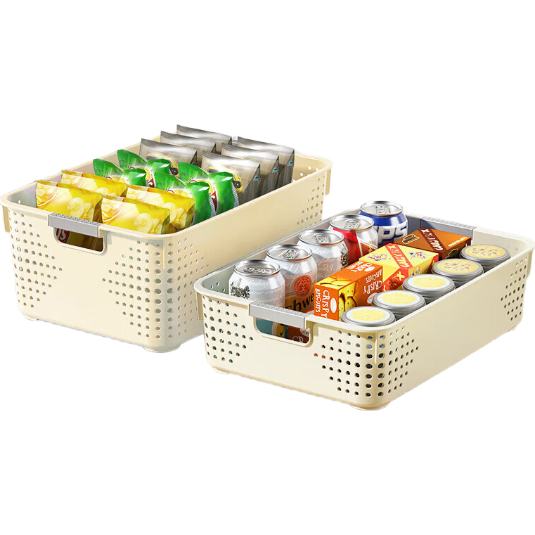 名创优品同款 杂物收纳筐塑料桌面收纳盒厨房橱柜零食玩具整理筐 奶油色高款大号 30 * 21 * 12cm