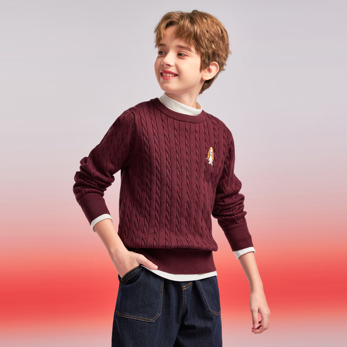 暇步士(Hush Puppies)【青少款】童装儿童男女大童秋季款简约经典肌理绞花舒适线衣 波尔多红 130 cm