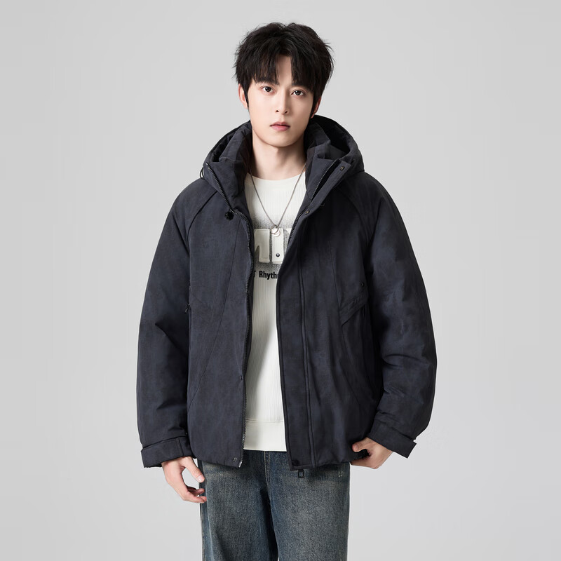 快鱼厚短款羽绒服男2025新款冬季立领连帽男士外套工装风时尚潮流上衣 黑色 XL