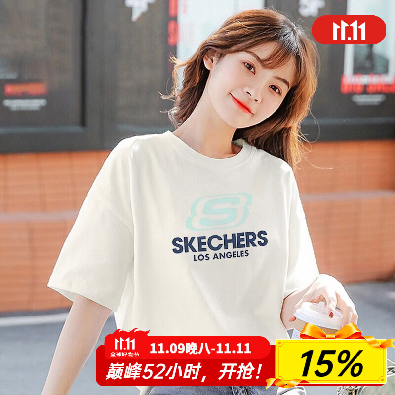 斯凯奇（Skechers）短袖女夏季男2025新款纯棉t恤情侣透气宽松圆领运动男女同款半袖 棉花糖白 版型偏大 L /1