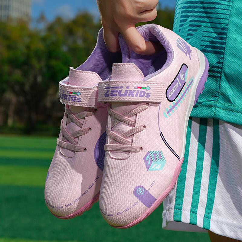 振足足球鞋宽脚足球运动训练鞋碎钉儿童青少年男女轻便耐磨防滑球鞋 粉色(不带3件套) 34