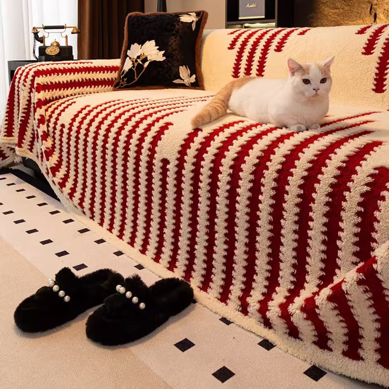 【轻奢品质生活】25年冬季爆款加厚一整张全盖万能通用毛绒沙发垫 【舒棉绒】红色 【单人位通用】180厘米宽*180厘米长