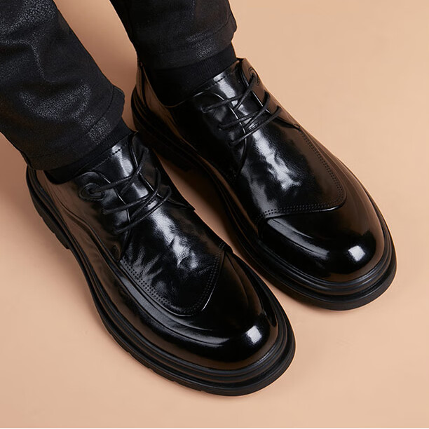 Walker Shop皮鞋男高端商务正装男士皮鞋2026新款休闲真皮透气软底内增高男鞋 黑色 42