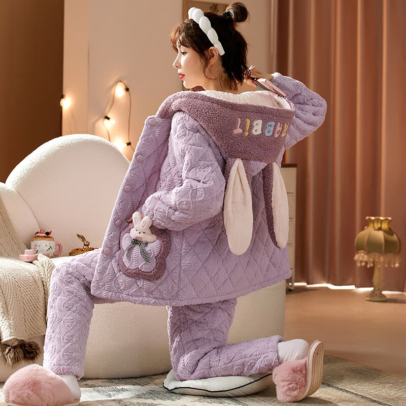 chunnian女士睡衣女冬季保暖珊瑚绒加厚加绒三层夹棉法兰绒带帽家居服套装 XEQN-2374【外套+裤子】 L
