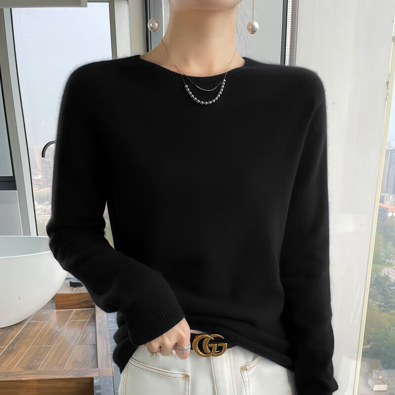 小红书鄂尔多斯市女V领宽松针织打底衫内搭上衣秋冬A 黑色圆领 L 体重(110125斤)