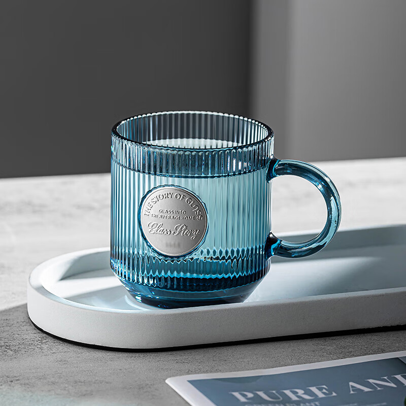 乐唯诗（LOVWISH）竖纹玻璃杯带把手喝水杯子ins高颜值咖啡杯家用泡茶杯加厚牛奶杯 墨蓝竖纹巴克杯【双色混装】330ml/2只