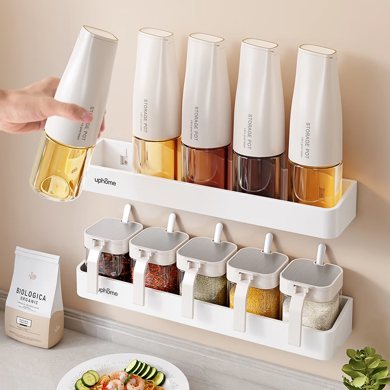 吱凡日本调料容器瓶盐罐调味罐组合套装家庭厨房白醋瓶酱油不挂油油壶 10件套【4个调料罐+4个调料瓶+2个不锈钢置物架】