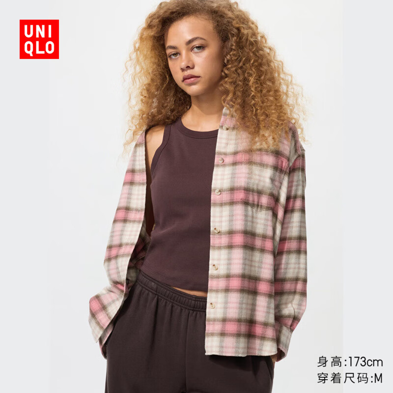 优衣库女装法兰绒衬衫/格纹长袖衬衣25秋冬新款481173 12 桃红色 M /160/84A