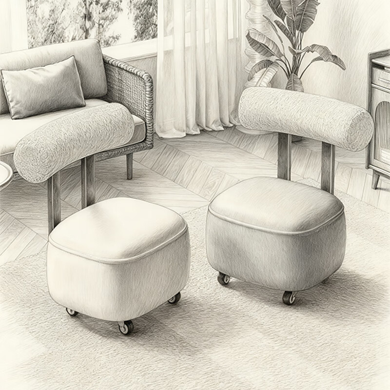 尔思家万向轮移动小凳子客厅高颜值圆凳软包家用客厅沙发边等轻奢高级感 橘色-【靠背静音轮】