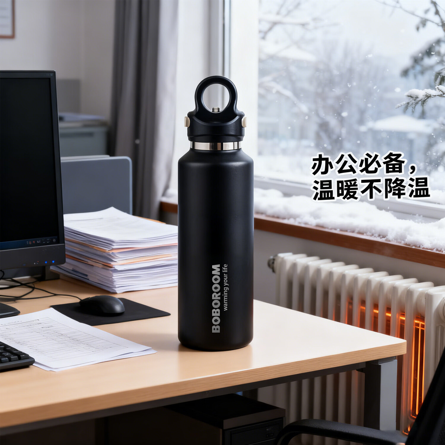 BOBOROOM保温杯内胆316L不锈钢无螺纹一键开盖男款水杯运动女高颜值礼物 星辰黑/600ML【内胆316L不锈钢】