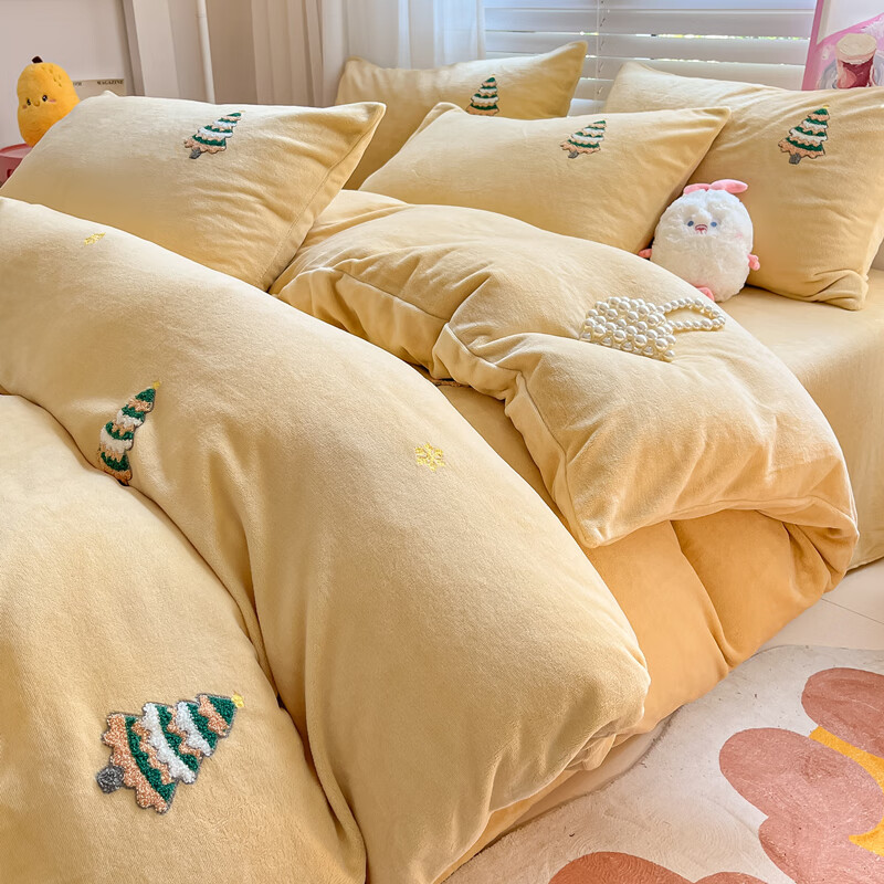 猫人（MiiOW）牛奶绒床上四件套珊瑚绒加厚保暖床单被套罩三件套毛巾绣 圣诞树【高克重牛奶绒 蓄热保暖不易掉毛】 床单款 1.5-1.8床四件套适用200x230cm