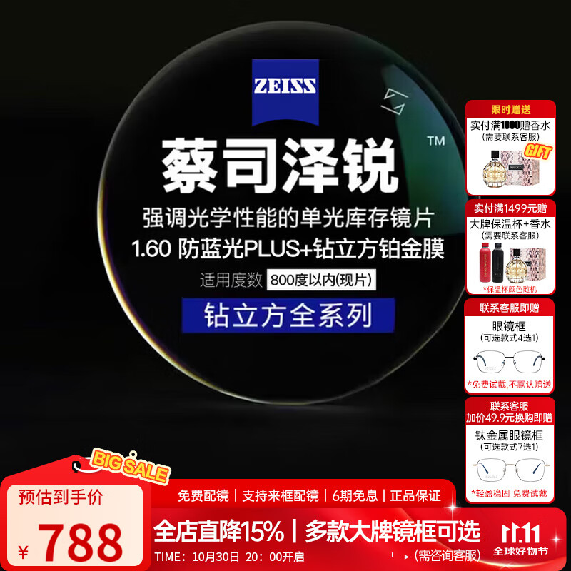 蔡司（ZEISS）泽锐单光钻立方镜片防蓝光近视可配镜轻薄超薄镜片1.60现片两片