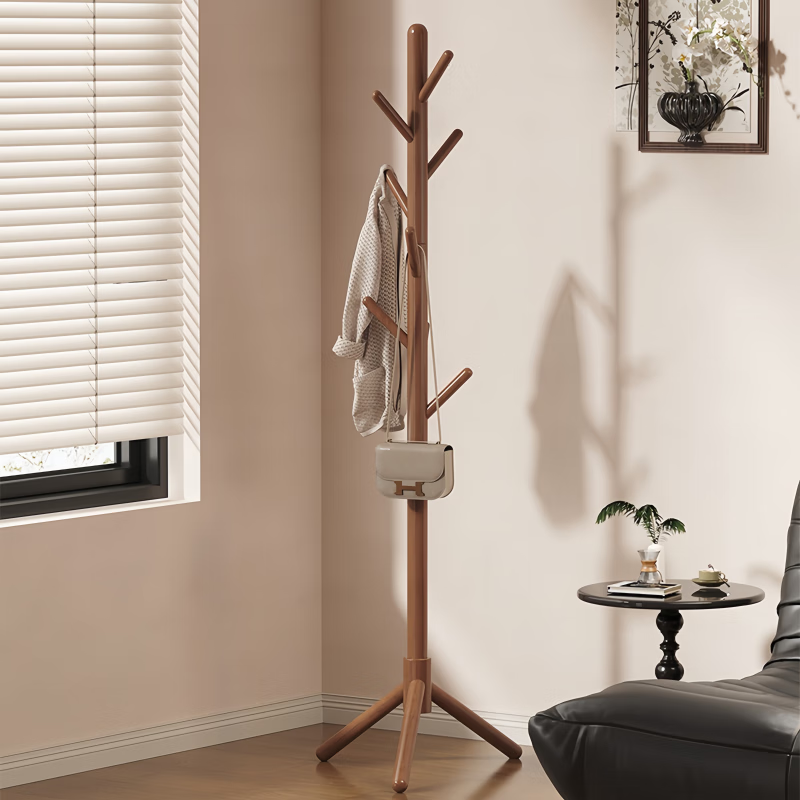 馨婺家落地衣帽架挂衣架卧室家用立式衣架杆衣服架子实木简约现代挂包架 胡桃色-高74cm【三角款】稳固升级