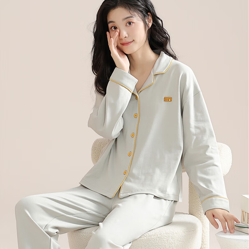 猫人纯棉睡衣女士2025年新款100%全棉秋冬季家居服可外穿大码长袖套装 时尚银 100%纯棉 XL 【适合120-140斤】