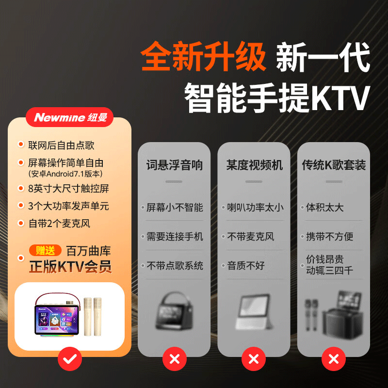 纽曼智能K歌音箱话筒麦克风一体式用家庭用手提KTV点歌机蓝牙音响唱歌儿童卡拉OK智能点歌机送礼物 8寸触摸屏丨正版K歌系统丨KK19奶油金