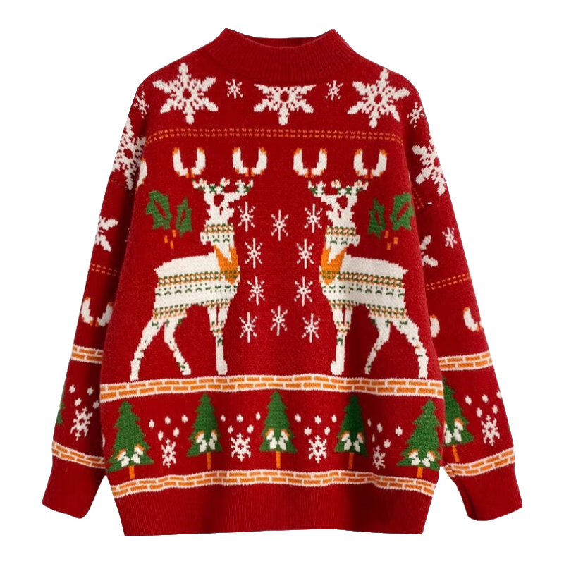 相伊恋人毛衣针织衫女25新款秋冬红色圣诞复古外套圆领保暖宽松小个子上衣 圣诞绿色毛衣 均码 【建议80~140斤】