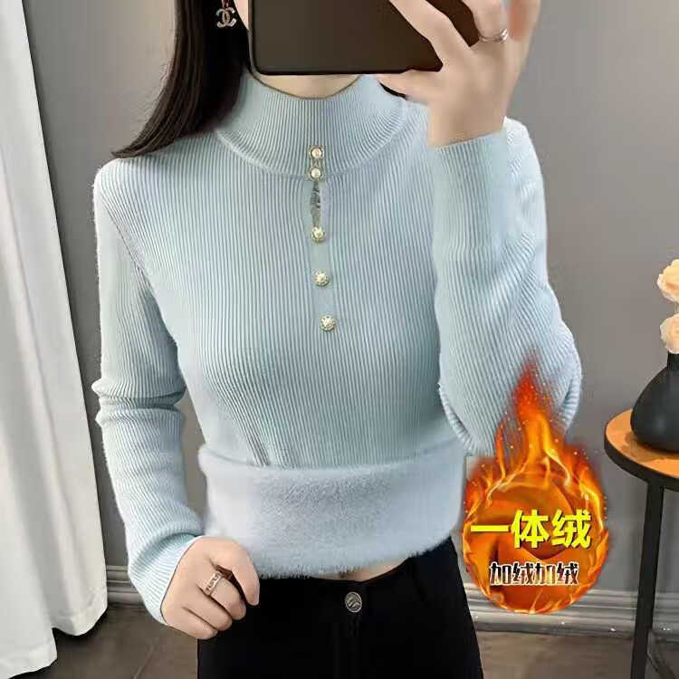 香影芬钉珠半高领一体绒毛衣女秋冬季新款加绒打底衫洋气针织衫保暖上衣 白色 S (建议95斤以内)