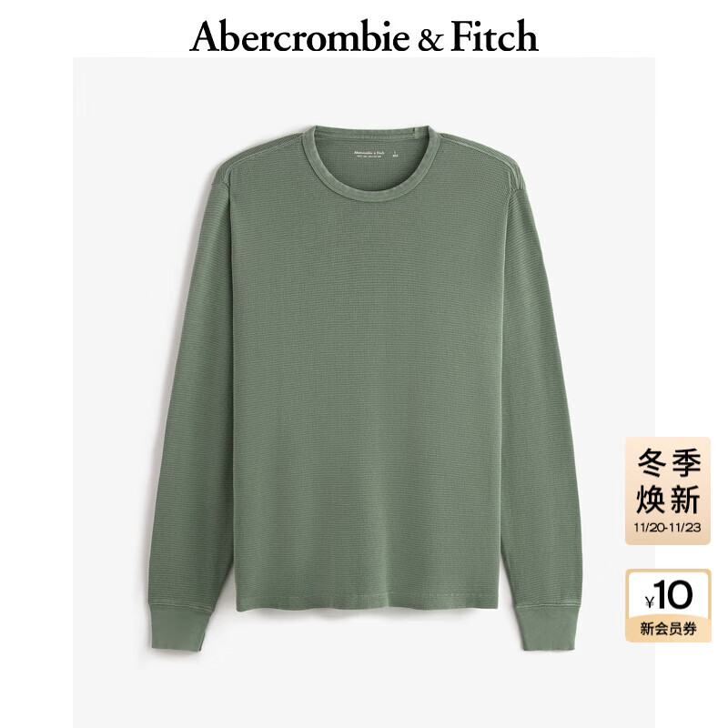 Abercrombie &amp; Fitch男装25春季美式复古舒适百搭宽松华夫格圆领长袖T恤124-4532 绿色 S (175/92A)