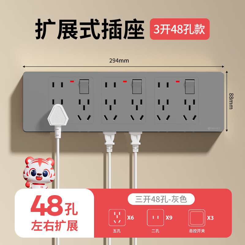 国际电工（FDD）拓展扩展插座家用厨房多功能原位替换86型无线转换器插排独立开关 灰色三开48孔-左右扩展【带指示灯】