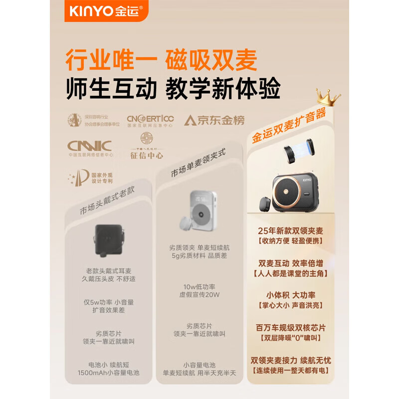 金运（KINYO）【新东方名师推荐丨超大音量】小蜜蜂扩音器教师专用无线领夹麦克风一拖二教学讲课导游防啸叫M20 顶配【双磁吸无线领夹麦】黑 【适合300人教室】30W峰值功率