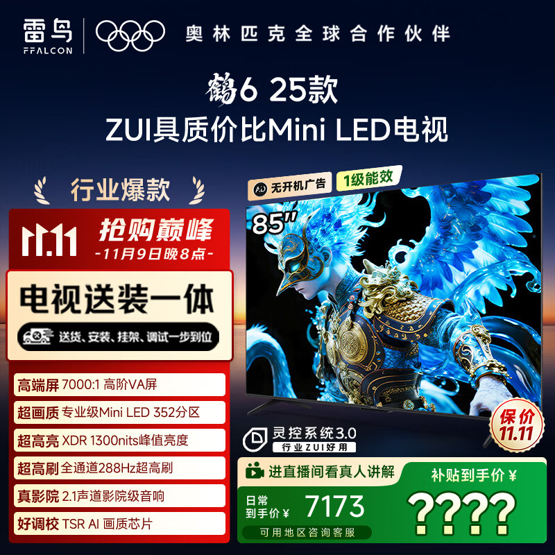 FFALCON雷鸟 【固定挂架送装一体】鹤6 25款 85英寸电视 家电国家补贴 288Hz 游戏电视机85S595C鹤625款