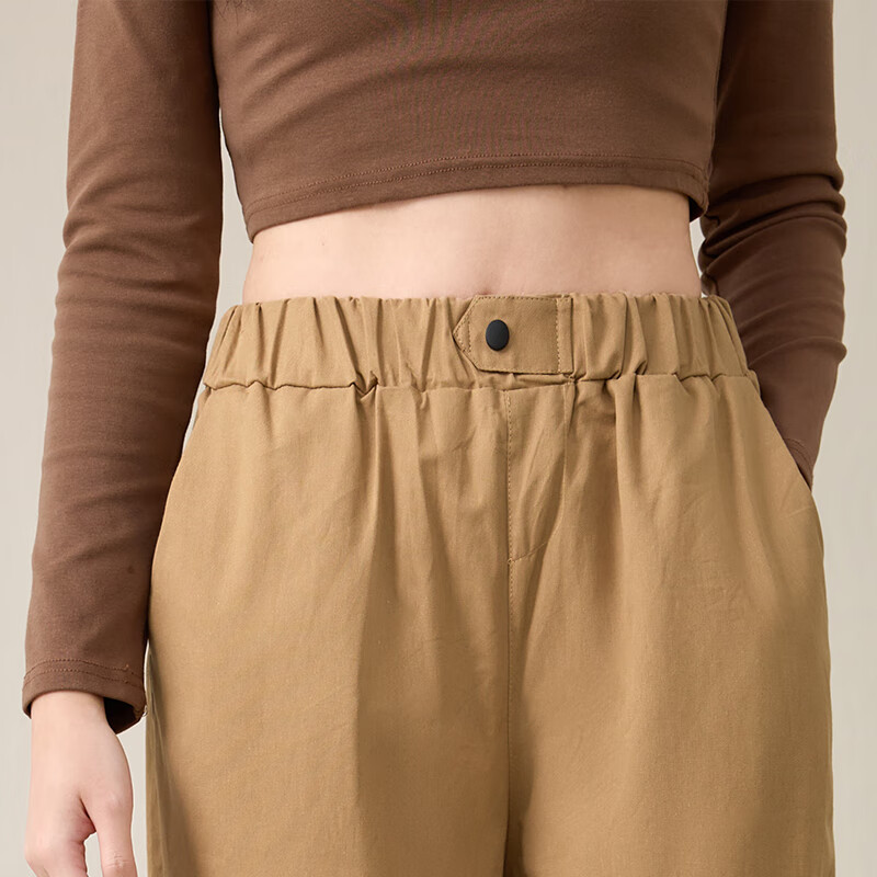 子牧棉麻秋冬装 女加绒加厚裤子休闲裤松紧腰加绒哈伦裤时尚长裤8456 米色 M (建议95-115斤)