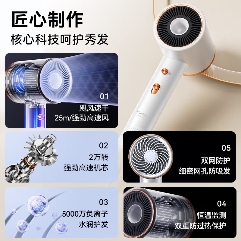 康佳（KONKA）吹风机家用负离子大功率静音不伤发电吹风高速无叶学生宿舍速干无声护发造型吹头发实用礼物女 【象牙白】1亿负离子+2万转+双重隔热保护