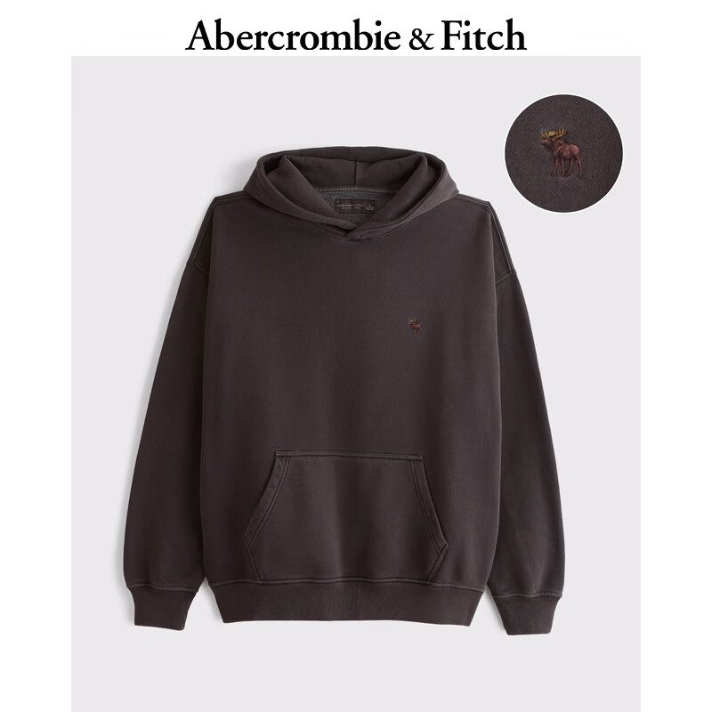 Abercrombie &amp; Fitch经典小麋鹿图案男装25秋冬美式保暖抓绒连帽卫衣122-5664 黑棕色 M (180/100A)