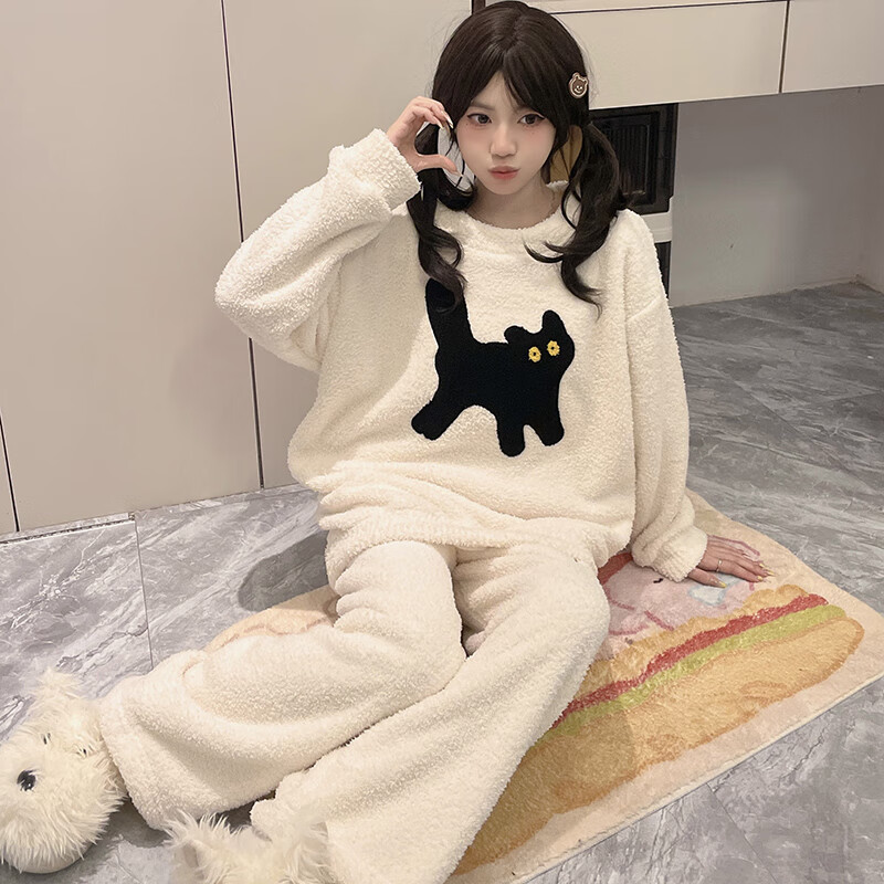 都市丽人睡衣套装女士秋冬季2025新款加绒加厚家居服可爱半边绒睡衣可外穿 可爱小黑猫 XL  （建议120-140斤）