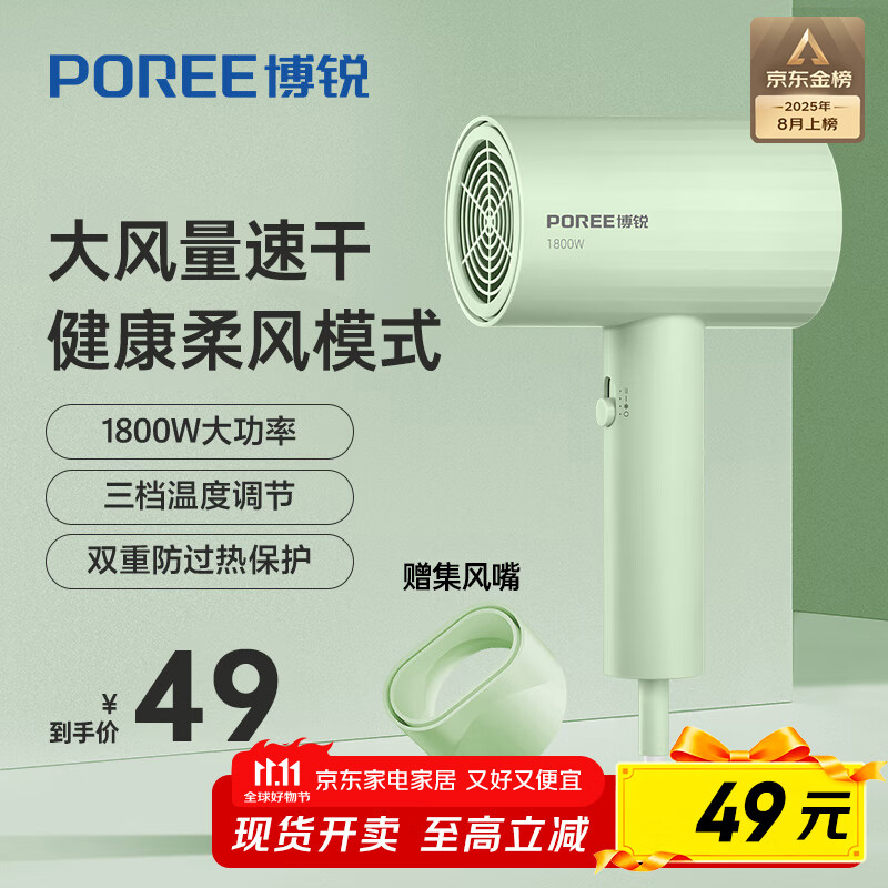 飞科（FLYCO）博锐电吹风机吹头发家用大功率不伤发便携护发吹风筒女士宿舍用京东自营 国家补贴 翡翠绿PH1628