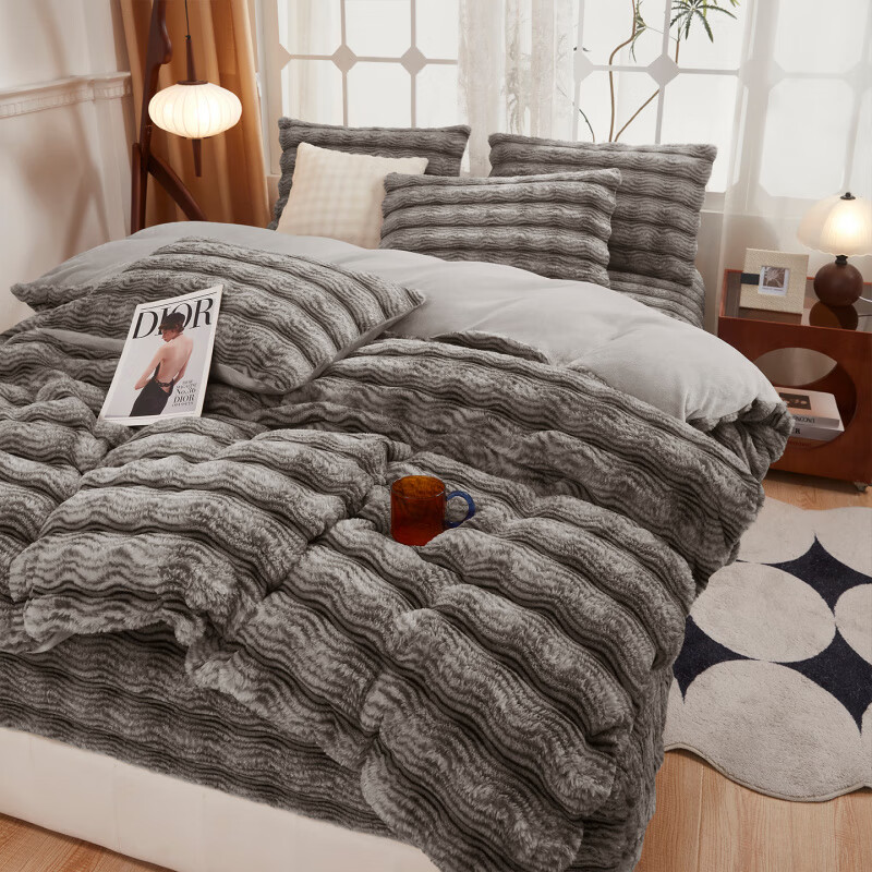 元族2025新款加厚兔毛绒纯色四件套套件系列 波纹-云雾浅灰 床单款 150*200cm单被套