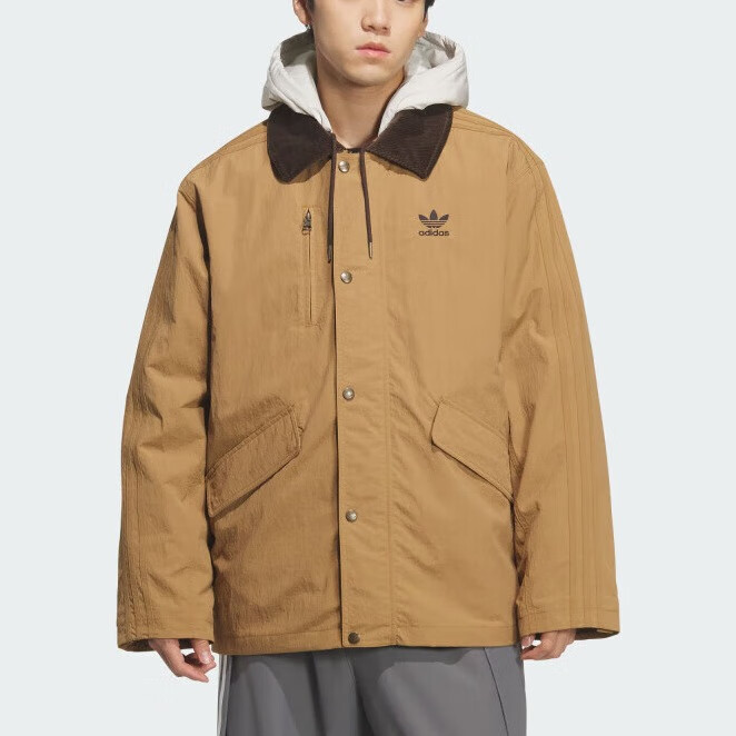 阿迪达斯（adidas）三叶草 棉服男装25冬新款工装风二合一连帽运动休闲保暖加厚外套 KW1241 沙漠棕/矾土棕 L