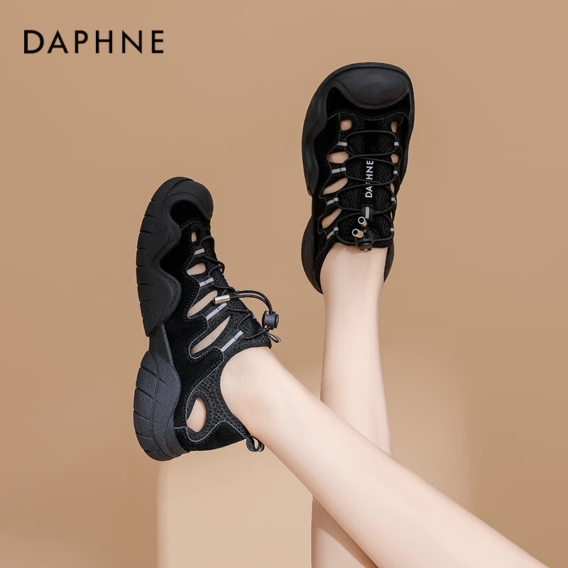 达芙妮丑萌透气凉鞋女鞋2025春季新款户外徒步登山鞋女款运动凉鞋ZJ 黑色 35