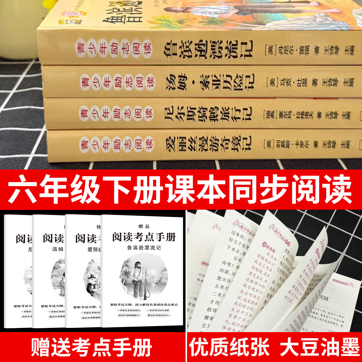鲁滨逊漂流记六年级下册必读课外书阅读爱丽丝漫游奇境记尼尔斯骑鹅旅行记汤姆索亚历险记六年级下册快乐读书吧人教版推荐阅读书目经典名著 【六下4本】鲁滨+爱丽丝漫游+骑鹅+汤姆+考点4本