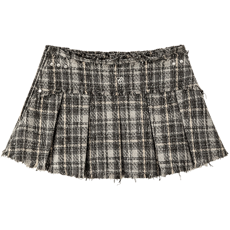 CHUU灰格纹半身裙女2025冬新品刺绣毛边侧拉链小香风a字褶皱短裙 灰格 S