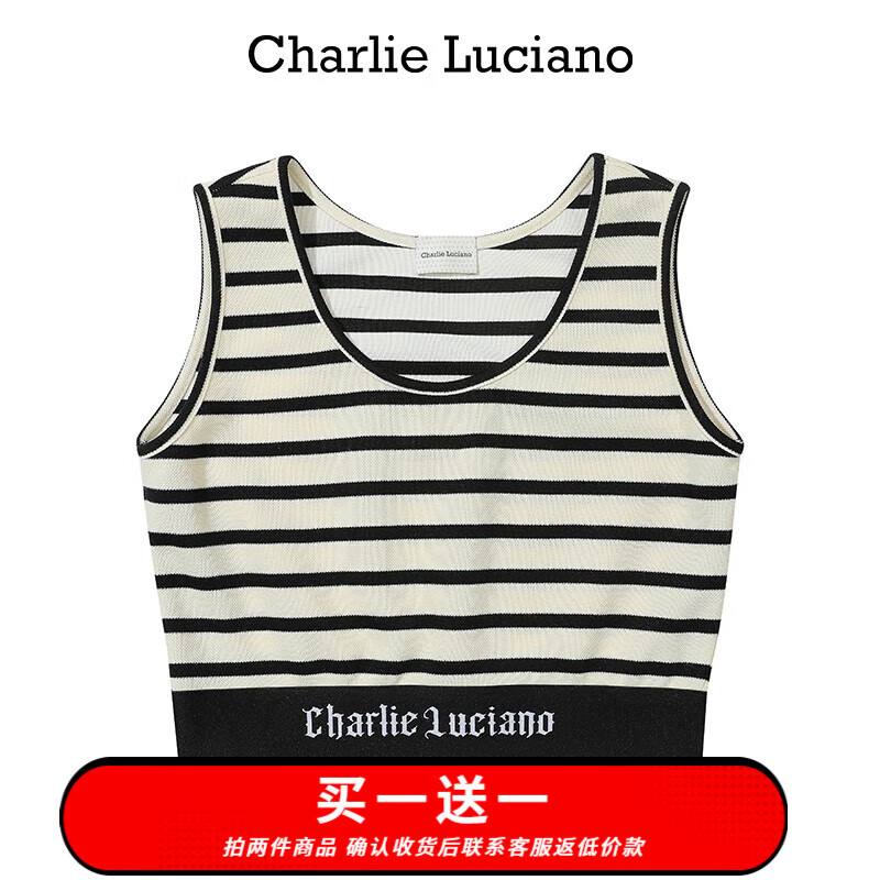 Charlie Luciano標(biāo)識織帶條紋針織背心春夏新款黑白色892877露臍短款cl上衣女 黑白色 S