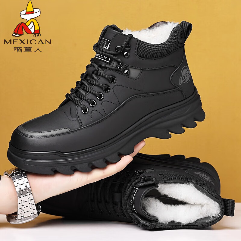 稻草人（MEXICAN）男士马丁靴2026新款羊毛加绒保暖工装棉皮鞋中帮全牛皮抗寒雪地靴 黑色 LT6723 40