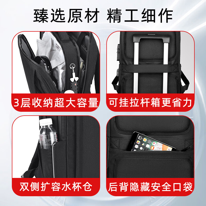 红同双肩包男士背包笔记本电脑包商务旅行出差通勤大容量书包商务出差 典雅黑【加厚肩带】 15.6英寸