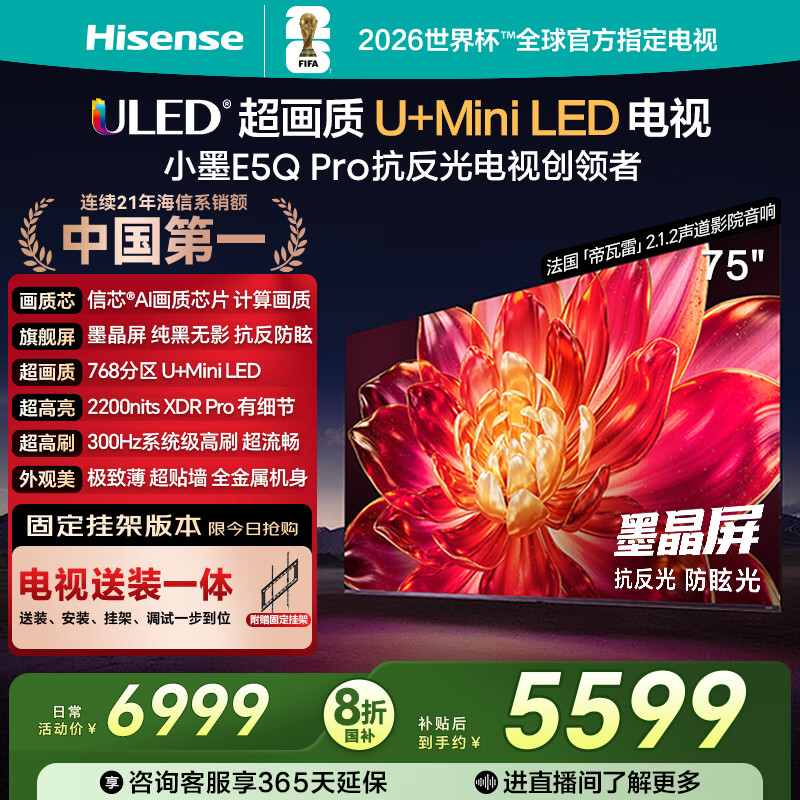 海信电视小墨E5Q Pro 75英寸【送装一体-固定挂架】U+MiniLED 抗反光防眩光墨晶屏 75E5Q-PRO国家补贴