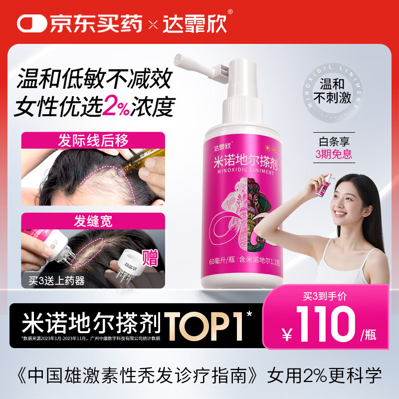 【推荐下单3瓶】达霏欣 米诺地尔酊搽剂生发喷雾2%浓度60ml/瓶脱发生发液【女士发缝宽专用】防脱生发育发发际线增长液洗发水脱发斑秃泡沫凝胶达菲欣产后脱发京东自营买药